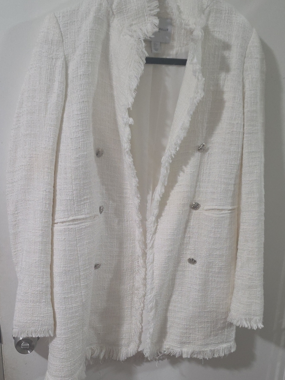 Carolina Belle White Frayed Tweed Double-Breasted Blazer